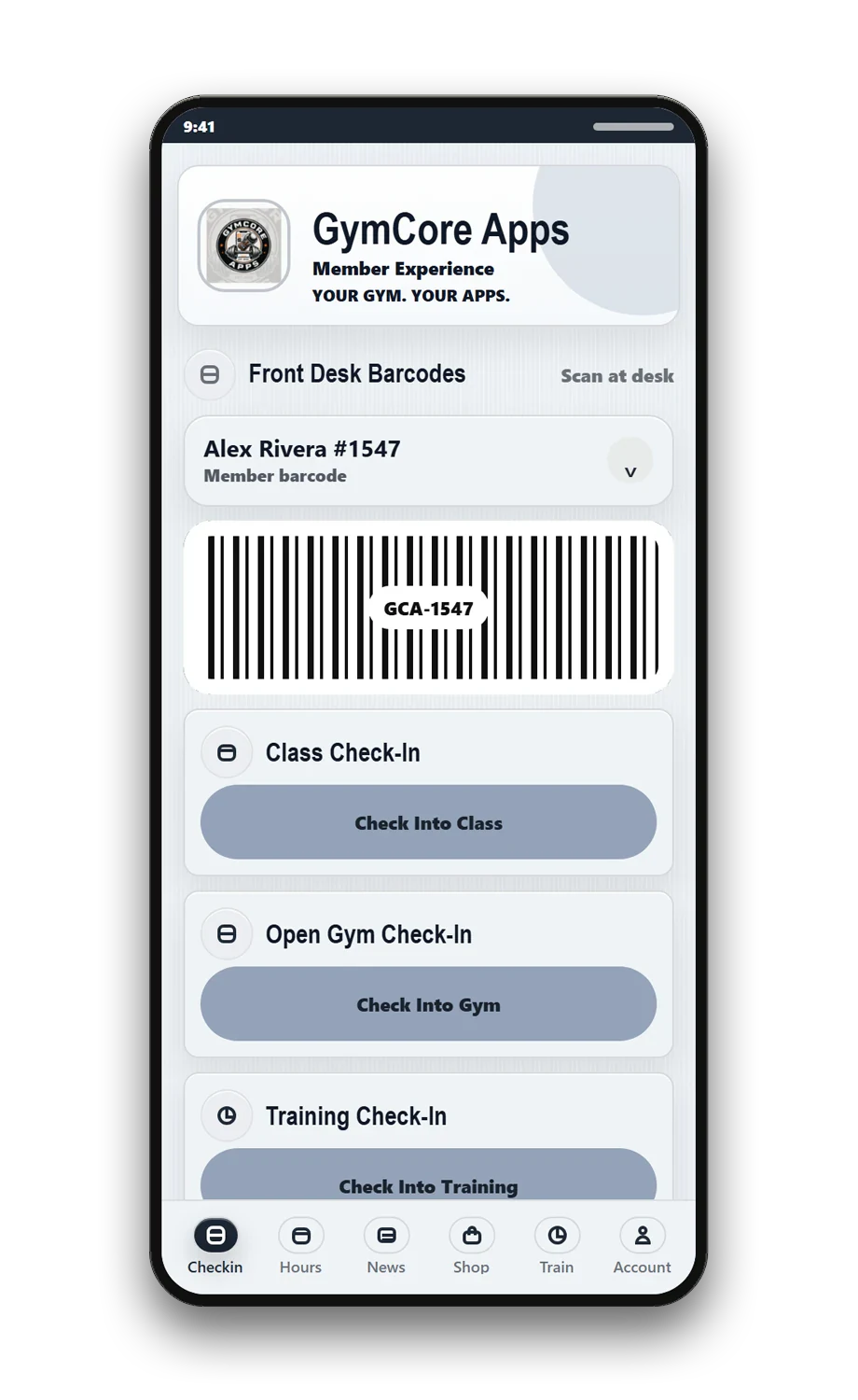 Your gym's member app on a phone, open to the member home screen.